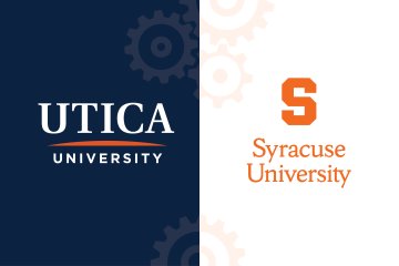 Utica University and Syracuse University logos side by side with gears faded in the middle.